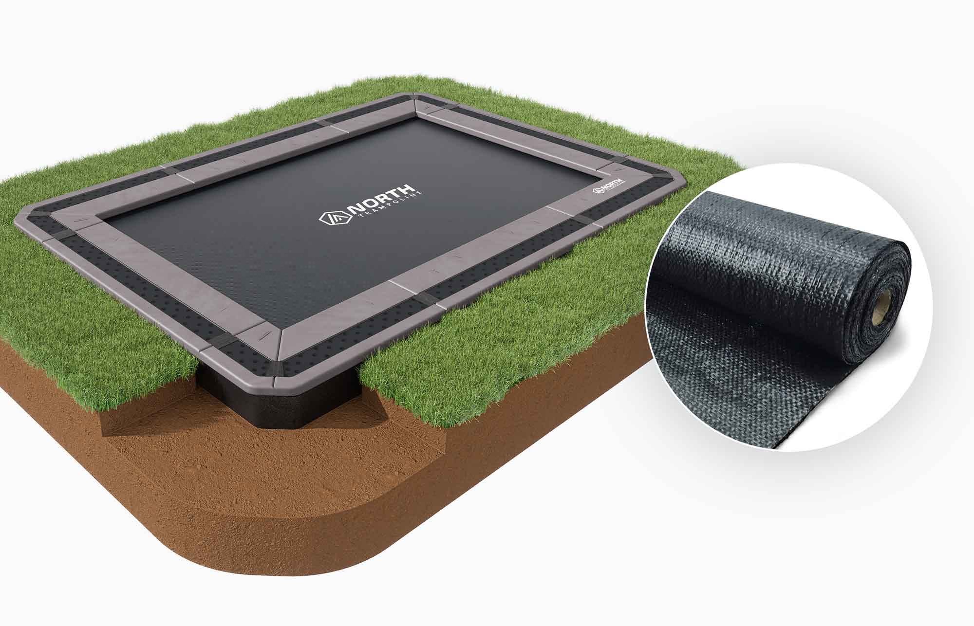 IN GROUND NORTH TRAMPOLINE Rektangul&aelig;r / 3,6 m x 2,5 m / Trampoline + Landskapsklassifisert ugressduk