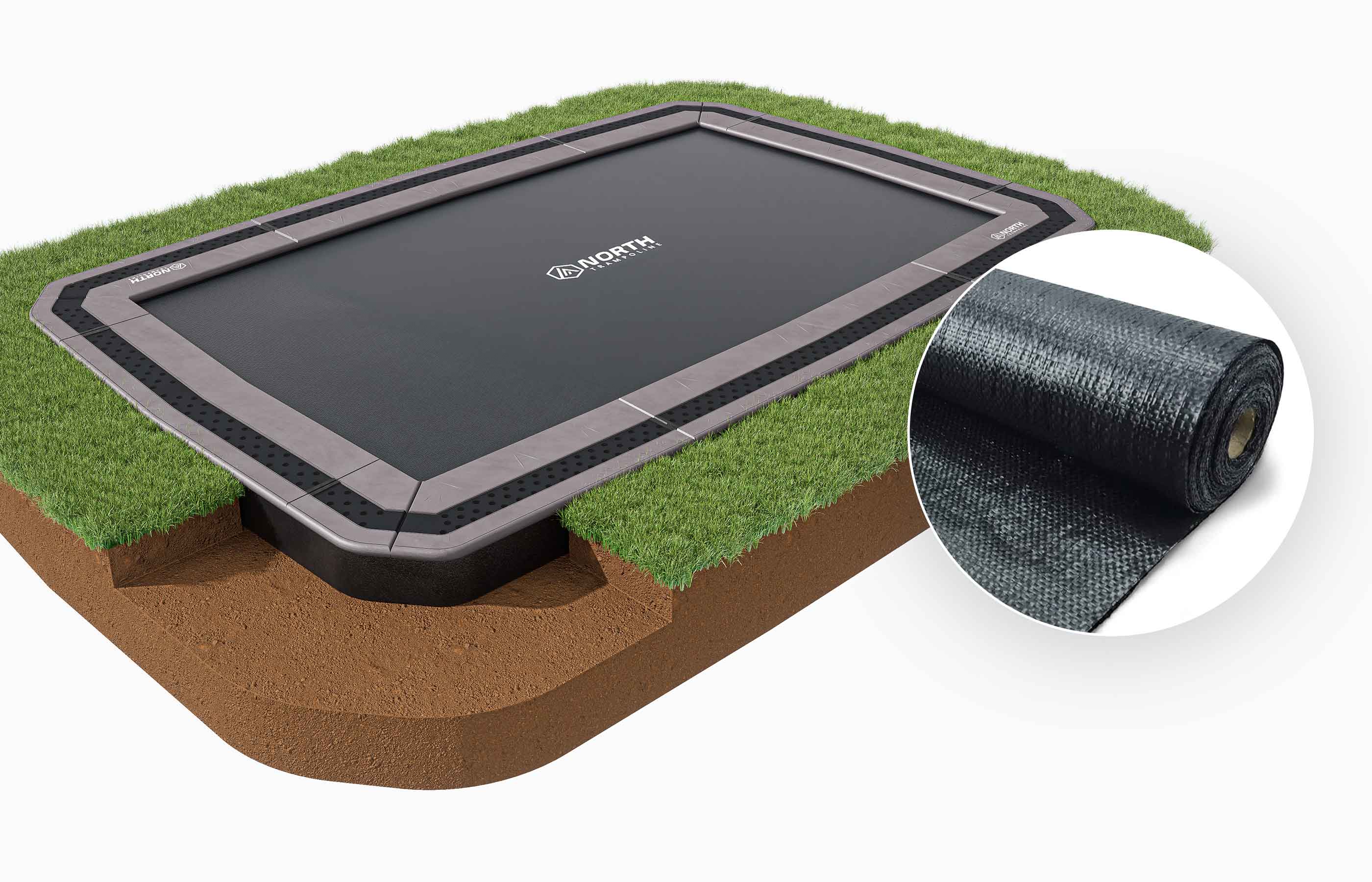 IN GROUND NORTH TRAMPOLINE Rektangul&aelig;r / 4,6 m x 3,1 m / Trampoline + Landskapsklassifisert ugressduk
